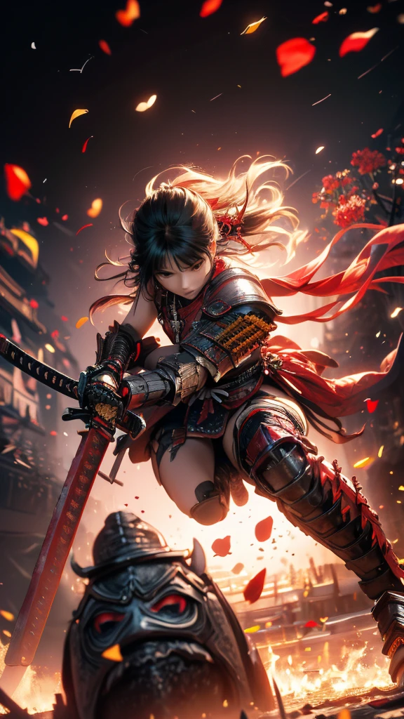 Highest quality, Great quality, 16K, Unbelievably absurd, Very detailed, delicate and dynamic, Natural light, The particles reflect light, Diffuse reflection of light, Many rainbow-colored petals fall, Sparkling Sun, Diffuse reflection of light, Create amazing image effects, Cool girl, Serious, passion A female ninja, full body, (Beautiful hands:1.5), ponytail hair, (Japan Armor,ninja suit:1.2), (bare arms, bare thighs:1.2), katana, japanese long sword, (Wielding a sword:1.5), (dynamic angle:1.2), agressive posing:1.2), fantasy, in the battle field