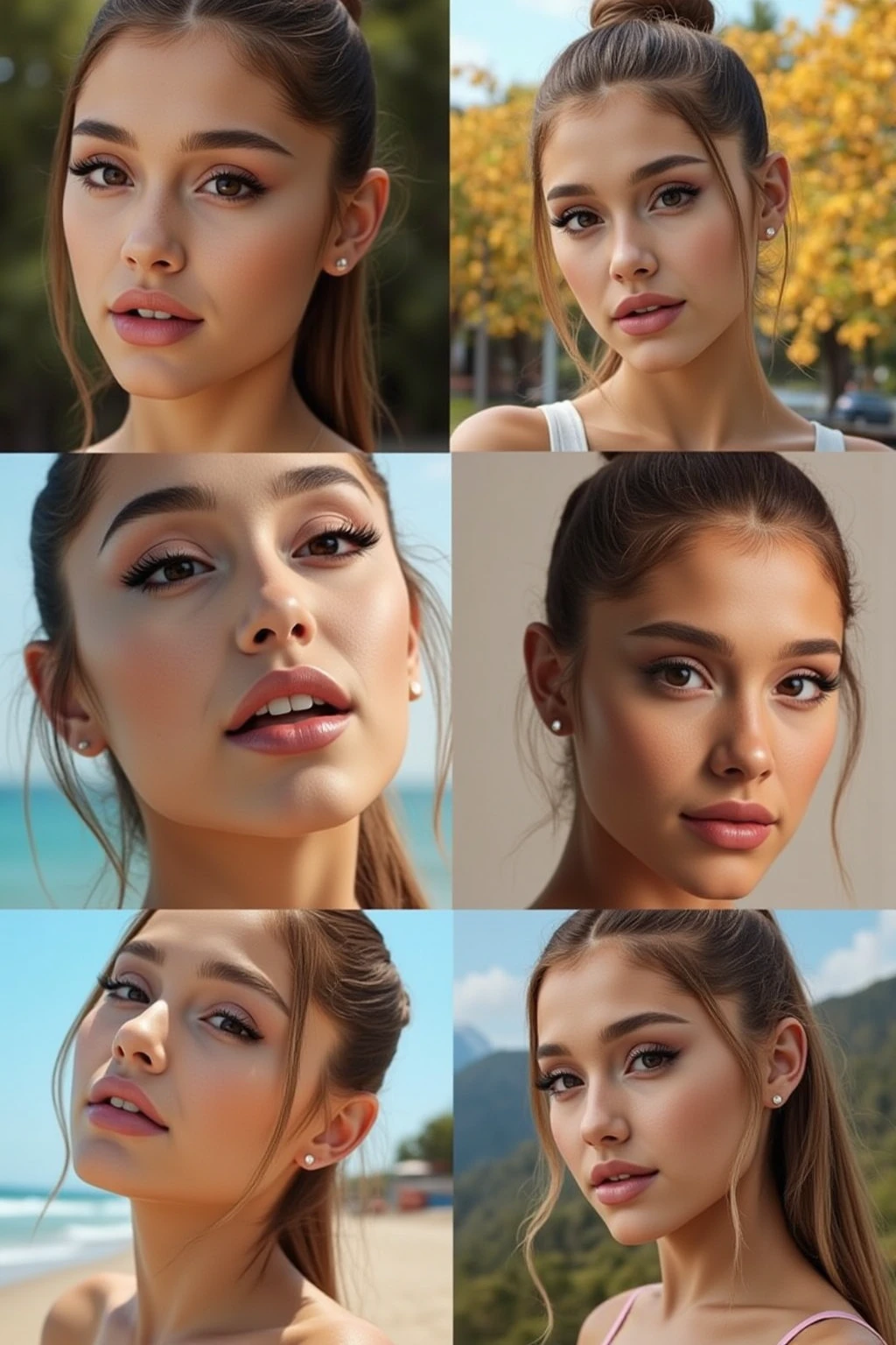 Create a template of four images of a brunette girl with wavy hair, greenish brown eyes, thick lips, very sensual, sweet but provocative look, with her hair tied back in a ponytail, but always with the same face.