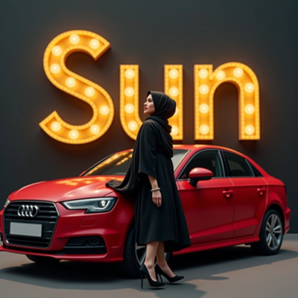 Make a car and put a hijab girl in back ground and make it colour full make it more beautiful make it more and more simpler make it for logo 
