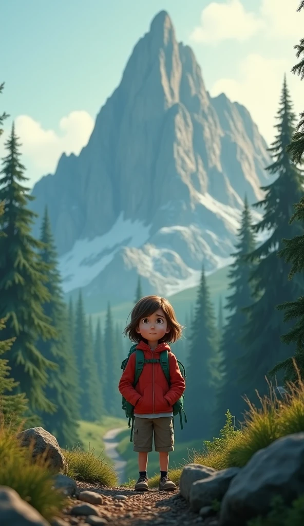a close up of a cartoon girl with a backpack in a forest, female explorer mini cute girl, cute 3 d render, adorable digital painting, fantasy matte painting,cute, animated movie still, animated film, cute detailed digital art, character is in her natural pose, girl of the alps, 3 d animated movie, childrens art in artstation, cute cartoon character