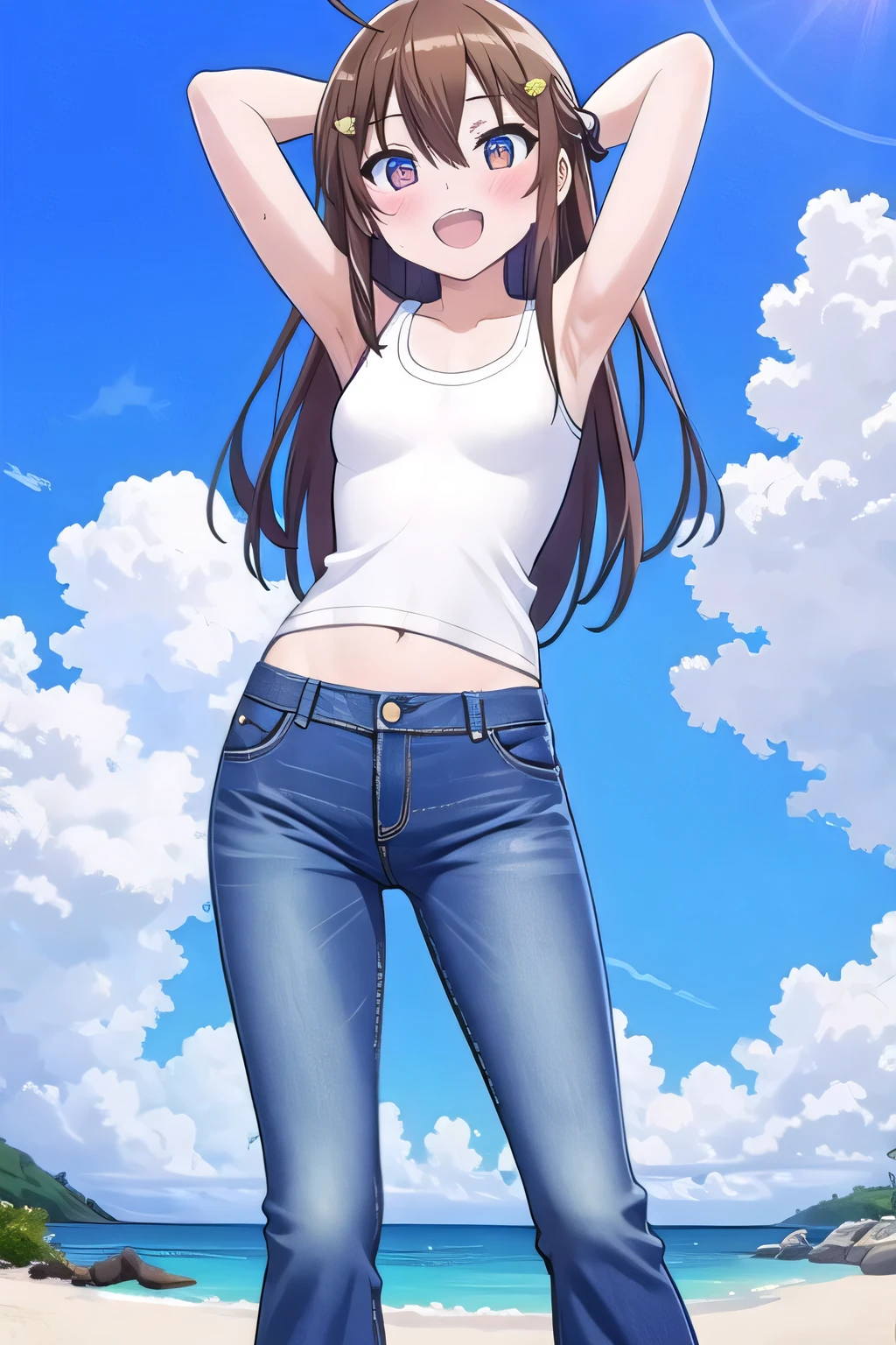(8K、Highest quality、Highest quality、masterpiece)、Detailed face、One Girl、(Brown Skin:1.2)、Long Hair、Red Eyes、Serious、(White Tank Top、Denim hot shorts、Open Shorts、Unziped shorts、Mini jeans Shorts、No Panties、NoPanties、Spread pussy、heart cutout)、labia view、Beach、cloud、vagina、Pussy Lip、Wedgie between Pussy Lips、Big Breasts