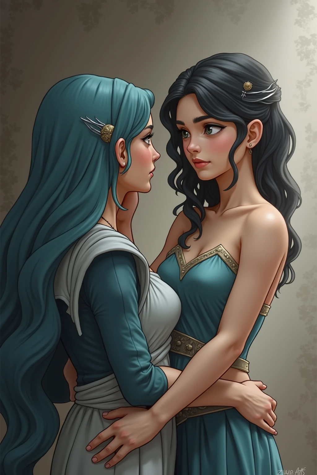 duas s Virginia otis e eleonora pavinato,(Virginia Otis, de 14 anocabelos loiros, olhos azuis;) com (14 anos Eleon Pavinato olhos verde-escuros cabelos castanhos), celebrate a ritual in honor of the Goddess Freya. High quality erotic drawing, 8k, Cinematic light, show also the followers of the Goddess Freya. Eles usam capas com capuzes, but underneath they are all naked, caverna, Braseiros, altar com druida, vestais extremamente detalhado,  