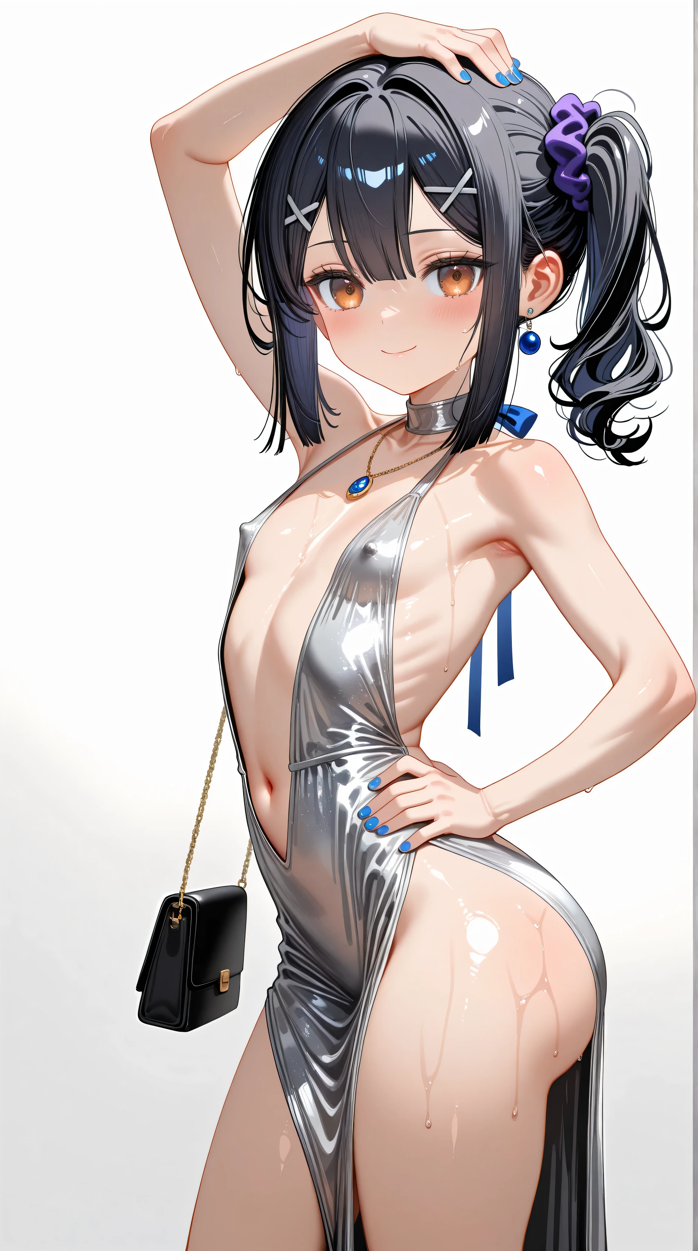 1girl,(Miyu Edelfelt),loli,toddler,petite,cute face,black hair,brown eyes,seductive smile,solo,big ass,colored skin,erect nipples, jewelry, dress,necklace, bangs,x hair ornament, bare shoulders, side ponytail, halterneck, plunging neckline, sidelocks, halter dress, backless outfit, silver dress, nail polish, backless dress,closed mouth, blush, bag, revealing clothes, earrings, hairclip, handbag, sweat,evening gown,hand on hip,jojo pose, Kars pose,(standing,arm up,arm over head),center opening,navel,thighs, blue nails, flat_chest, official alternate costume, hair between eyes, best quality, amazing quality, very aesthetic, absurdres,masterpiece,best quality,newest,highres,absurdres,very awa,shiny skin,(artist:loika:0.5),(artist:xiaoshou xiansheng:0.8),artist:rin31153336,artist:gawako,(oiled),