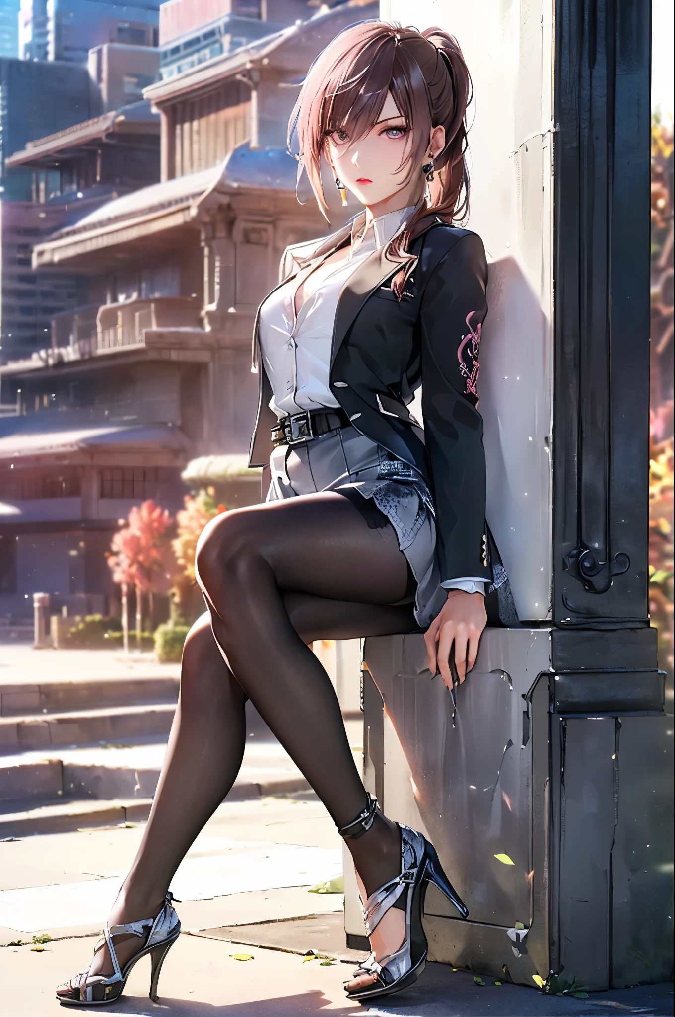(8K, RAW Photos, of the highest quality, Masterpieces: 1.2)、((White shirt and tight skirt)),lift up one's skirt、((Black pantyhose)),1 persons, super detailed, Super Resolution, (Realistic, Real Photos: 1.37), Portraits, high resolution RAW color photos, Professional Photos, highly detailed and beautiful, Highly detailed, 8K Picture Wallpaper, Amazing details、Other shots、foco nítido: 1.2、Cute beautiful woman with perfect body: 1.4、Slim big: 1.2、 ((Brown hair dark、Longhaire)) 、(Dressing、lightly dressed、High Definition Breast、happy facial expression、Standing:1.2)、((City of Japan、sitting on、cross one's legs:1.5、Open your crotch with both hands、Women as the main focus))、High-definition face and skin texture、A detailed eye、二重まぶた、Highly detailed and focused chest、 AIKA, seethru, HDR, 8k, absurdres, cinestill 800, sharp focus, add_detail:2, (solo, woman), gyaru