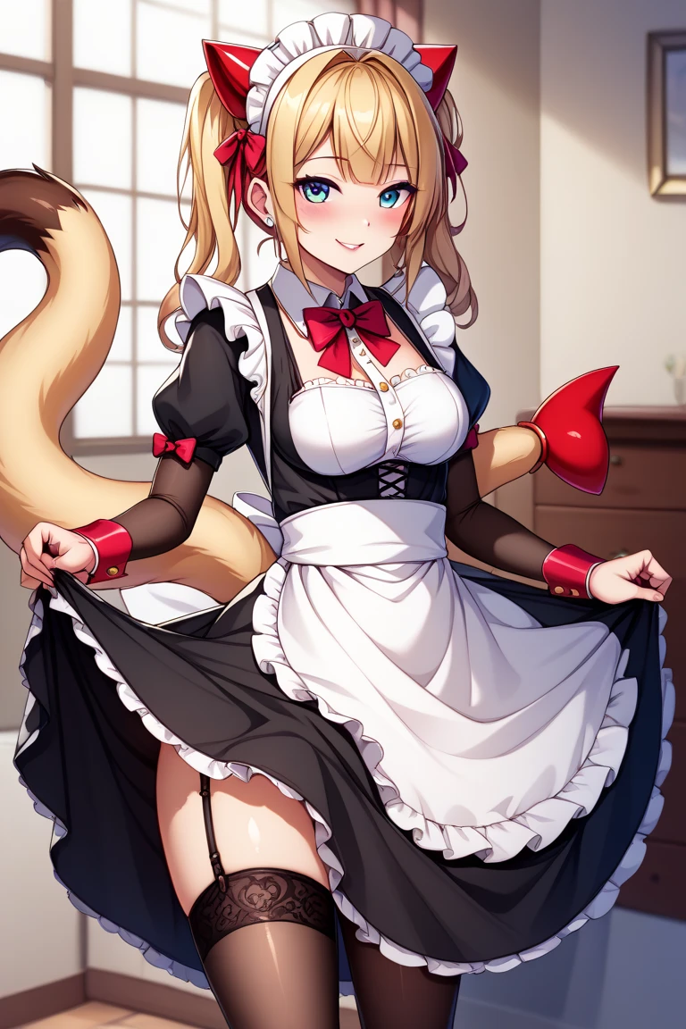 Roxanne standing, straight, longhair, messy blonde hair, maid with armor, metal high heels, smile red cheeks leather collar choker neck bell collar, corset, dog fluffy ears, happy closed mouth