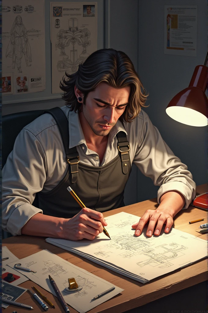 Joiner man working with wood, graphite drawing, watercolor style background, well detailed --auto --s2