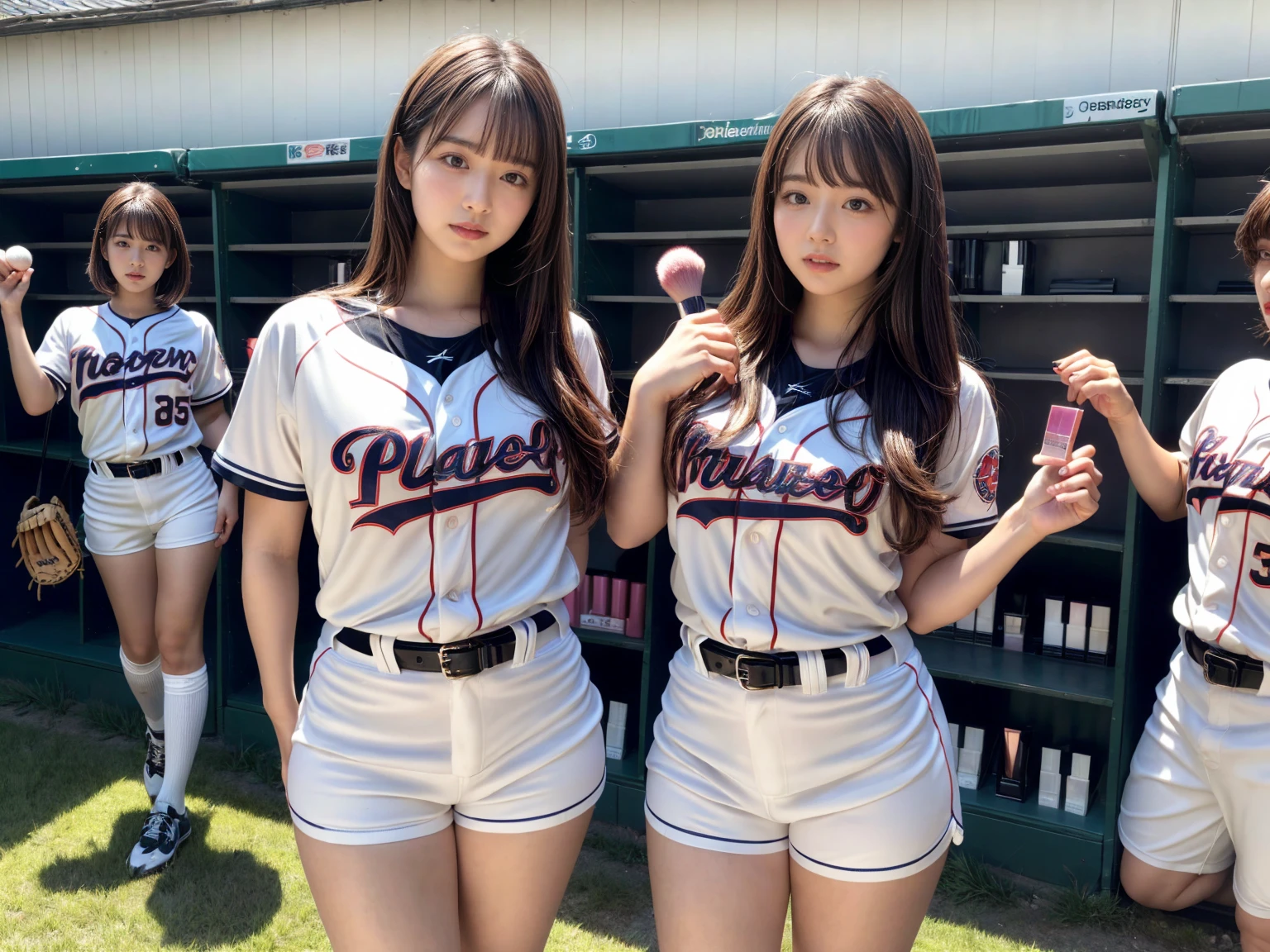 (RAW photo, 4k, masterpiece, high resolution, extremely complex) (realistic: 1.4), cinematic lighting
((2 girls)),Slam Dunk's,blushing,((innocent)),(Dark makeup),bright eyes,round eyes,blunt bangs,(straight hair:1.3),black hair,medium breasts,wide hips,Summer Noon, 20 year old girl、cute type、lolita,Hot, (Best Quality), (Highres), (an Extremely Delicate and Beautiful),(Beautiful 8k face),(Brown eyes),short bob hair,( spectators),(medium breasts),(Play with each other,Touching each other's bodies,Touching the body),((Baseball Uniforms), a miniskirt, Toned buttocks),(reality),bright lighting,(The background is a luxury hotel room)