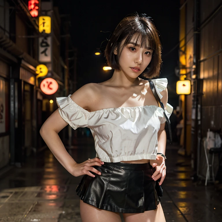 an Indonesian girl with short hair, wearing a white tank top, big breasts visible, wearing a checkered skirt, in the background of a busy narrow alley at night