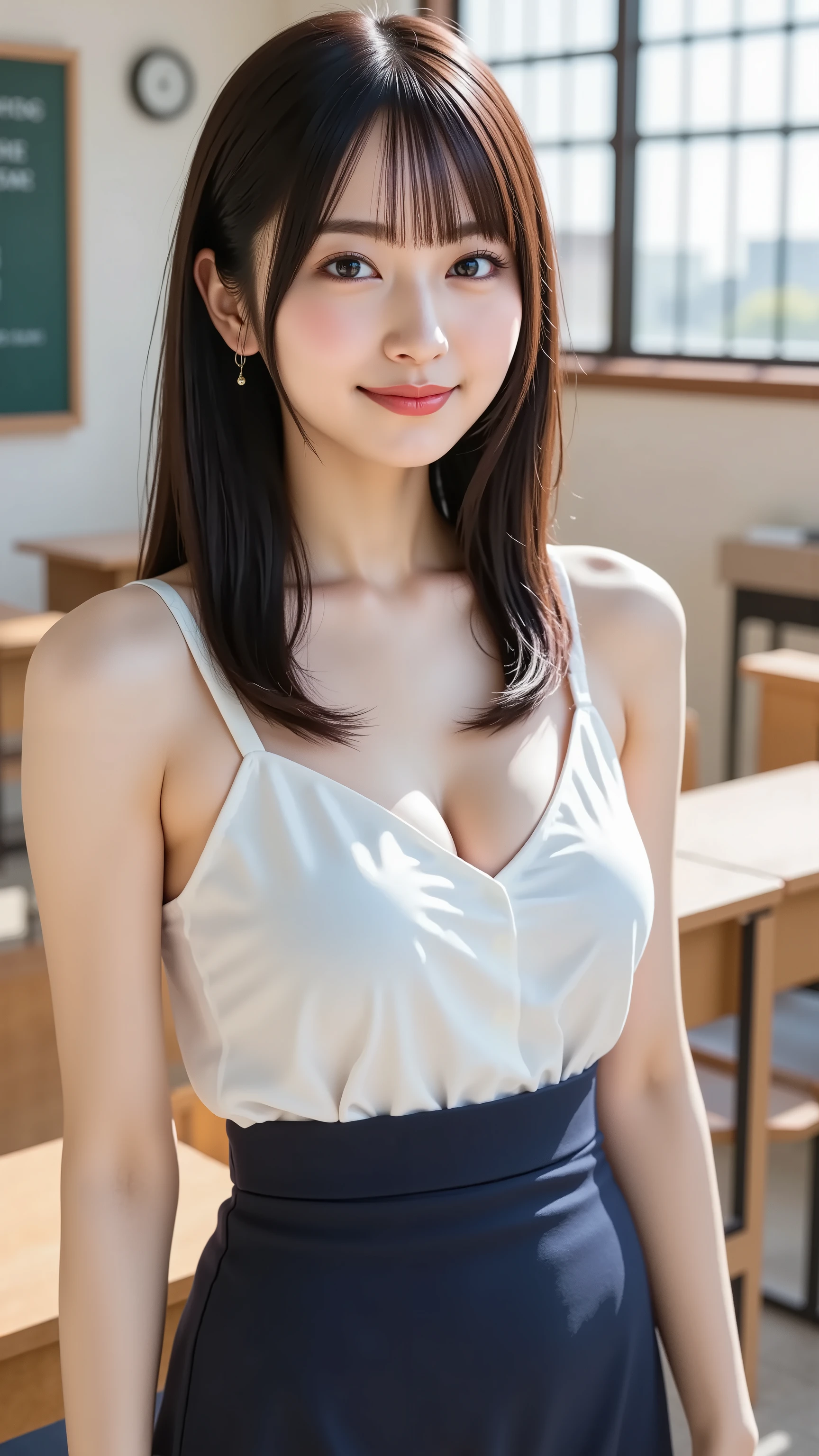big breast, A highly detailed, ultra-realistic digital illustration of a beautiful young Asian woman standing in front of a classroom's blackboard. She has long, straight black hair neatly tied back, with soft bangs framing her delicate face. Her clear, radiant skin glows under the soft, natural lighting, and her warm, gentle smile enhances her captivating presence. Her large, expressive eyes are accentuated by natural, elegant makeup, emphasizing their depth and charm.
She is dressed in professional yet stylish attire suitable for a schoolteacher, featuring a crisp white blouse paired with a tailored navy blue mini skirt that accentuates her slender figure. The blouse is neatly tucked into the skirt, with its slightly fitted silhouette complementing her curves. She wears dark-colored pumps, adding a touch of sophistication while maintaining a balance between professionalism and approachability.
The background showcases a well-organized classroom with rows of desks and chairs arranged neatly. The blackboard behind her is filled with carefully written notes and diagrams, indicating an ongoing lesson. Large windows allow ample natural light to stream in, illuminating the room and creating a warm, inviting atmosphere. The walls are adorned with educational posters and a clock, enhancing the authentic classroom setting.
The composition is balanced, with the subject positioned centrally, allowing appreciation of both her professional yet stylish attire and the detailed classroom environment. The soft interplay of natural light and the structured setting enhances the depth and realism of the scene. The image is rendered in stunning 8K resolution, capturing every intricate detail with pristine clarity, from the fine textures of her clothing to the subtle expressions on her face and the detailed elements of the classroom.
