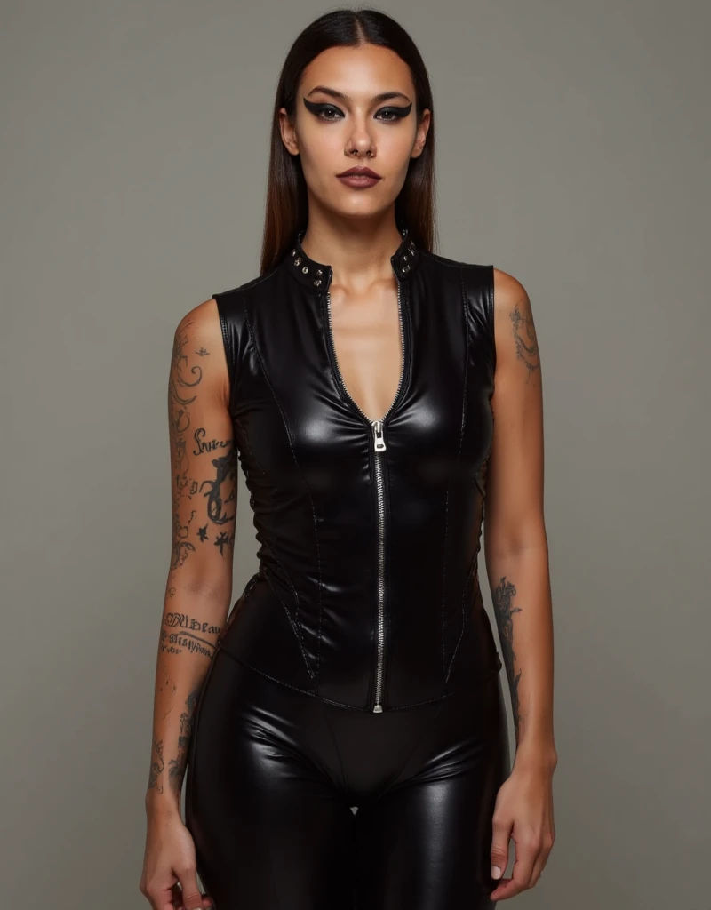 ((best quality)), ((masterpiece)), (detailed), perfect face, latex, NSFW, Dildo, riding, latex domme, latex dress, latex shiny, very sexy outfit, wearing latex, with tattoos, seductively