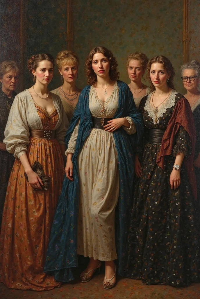 family portrait in medieval style - in the middle sits an old woman in a chair, and around her are 5 adult girls