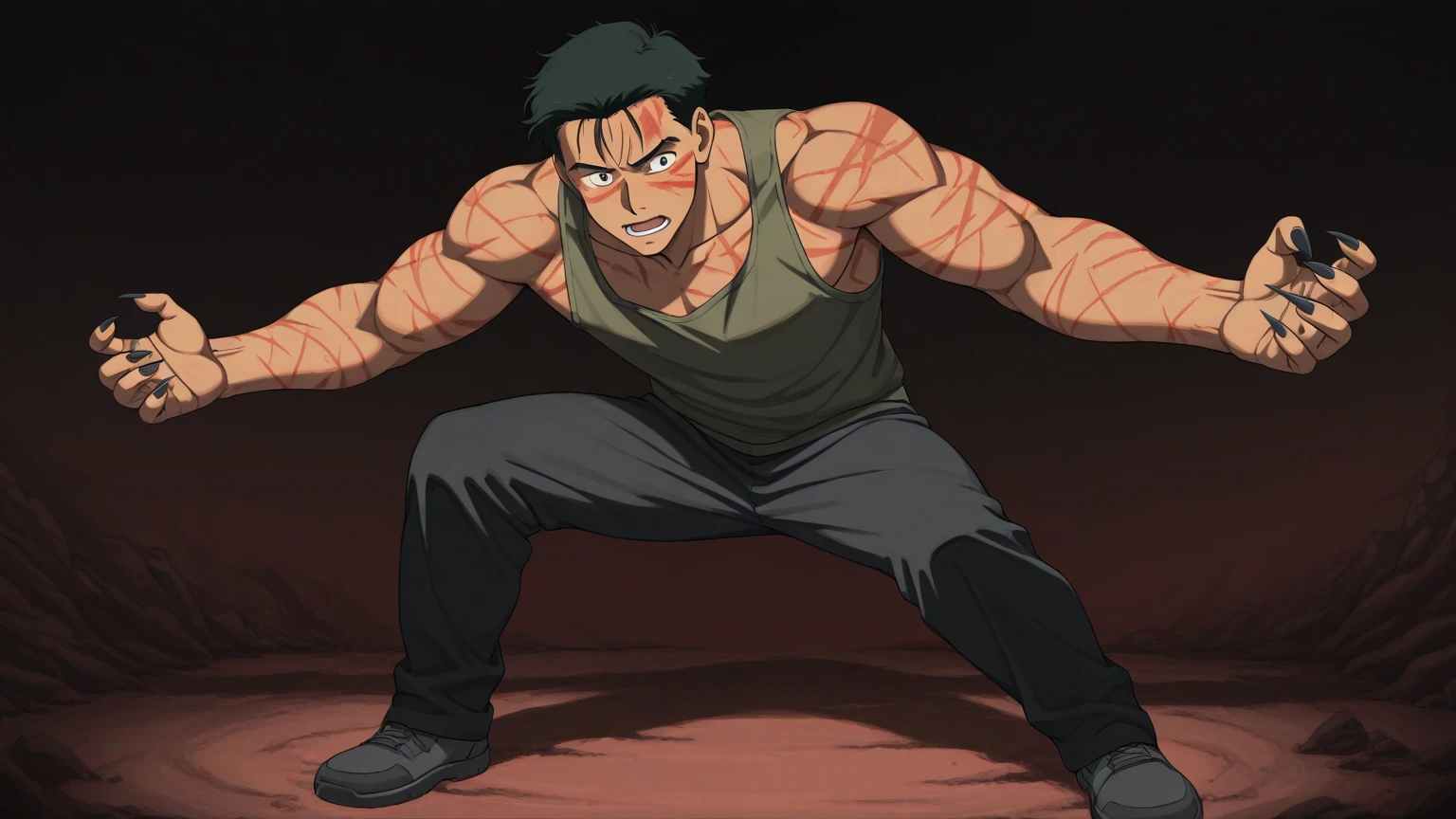 one negro, anime characters:Gyee, Hibino Kafka, Muscle Sports Student, negro black skin, Very Black, 1 muscular tough guy, Manliness, male focus, Dark grey turtleneck tight T-shirt, T-shirt with snake skin scale texture, Regular symmetrical pattern, Very tight, The pectoral muscles are oversized, muscular male, muscular, only, Upper body, alone, Black short hair, Thick eyebrows, stubble, Yellow eyes, White background, simple background, amazing quality, best aesthetics, Ridiculous, bright pupils, crew cut, parted lips, seductive smile, torogao, naughty face, best quality