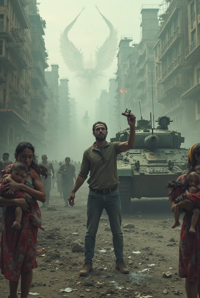 a man holding a child running from the many zombies in destroyed bangkok city, destroyed building and bruning cars background with the zombies