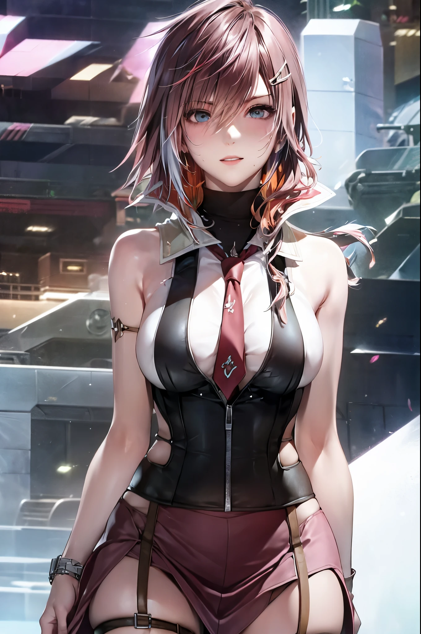 1 Female,High definition,high resolution,Ultra-realistic,8K, hy1, hair ornament, multicolored hair, necktie, skirt, sleeveless, , pink skirt, tight skirt,miniskirt, jewelry,European,sexy,Upper body close-up,Photographed from the front,Dynamic Angles,blush, medium , happy, wink the eye,facial, sweat,multicolored hair