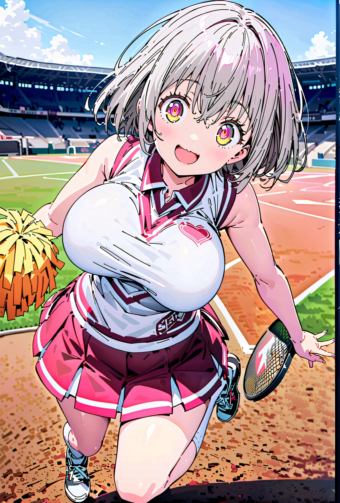 Red root heart ,solo, light purple hair, pink eyes, Glowing Skin,short hair,Big Breasts,smile,cover,opens her mouth,(Cheerleading), (full body), on chest, (sweated), sweated Wet Clothes, (white clothes),sleeveless, pleated skirt,White socks,sneakers with a ladyback letter, stomach button support , playground, (jump), (jump), 両足を曲げてjumpする,, blue sky, Compa,cheerleader, Pom-pom \(Cheerleading\) real hair ornaments,break outdoors,Stadium,
break looking at viewer,full body,
break (masterpiece:1.2), Top Quality, high resolution, Unity 8k 壁紙, (illustrations:0.8), (beautiful detailed eyes:1.6), very detailed face, so that it fits into the illustration, extremely detailed CG, full body写真,(perfect hand, perfect anatomy),