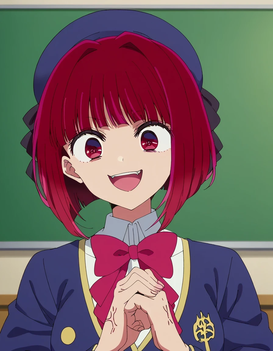score 9 、score 8 up、score 7 up、source anime、masterpiece、Top Quality、high image quality、high resolution、anime coloring、1girl、kana arima、、kana arima、solo、 red hair 、blunt bangs、Short Hair、bob cut、red eyes、Big Breasts、big on the floor、gray skirt、long sleeve、school uniform、 blue hat、jacket、pink bowtie、blue headwear、indoors、classroom、anime screencap、、cracking knuckles、shaded face、open mouth、looking at viewer、looking down、Fist in hand、own hands together、anger vein、false smile、 ,,