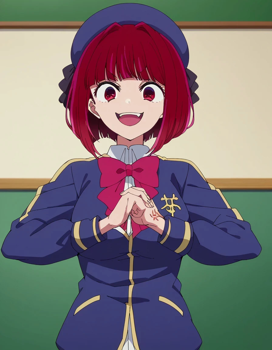 score 9 、score 8 up、score 7 up、source anime、masterpiece、Top Quality、high image quality、high resolution、anime coloring、1girl、kana arima、、kana arima、solo、 red hair 、blunt bangs、Short Hair、bob cut、red eyes、Big Breasts、big  on the floor、gray skirt、long sleeve、school uniform、 blue hat、jacket、pink bowtie、blue headwear、indoors、classroom、anime screencap、、cracking knuckles、shaded face、open mouth、looking at viewer、looking down、Fist in hand、own hands together、anger vein、false smile、 ,,