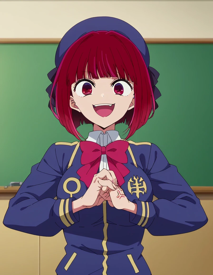 score 9 、score 8 up、score 7 up、source anime、masterpiece、Top Quality、high image quality、high resolution、anime coloring、1girl、kana arima、、kana arima、solo、 red hair 、blunt bangs、Short Hair、bob cut、red eyes、Big Breasts、big  on the floor、gray skirt、long sleeve、school uniform、 blue hat、jacket、pink bowtie、blue headwear、indoors、classroom、anime screencap、、cracking knuckles、shaded face、open mouth、looking at viewer、looking down、Fist in hand、own hands together、anger vein、false smile、 ,,