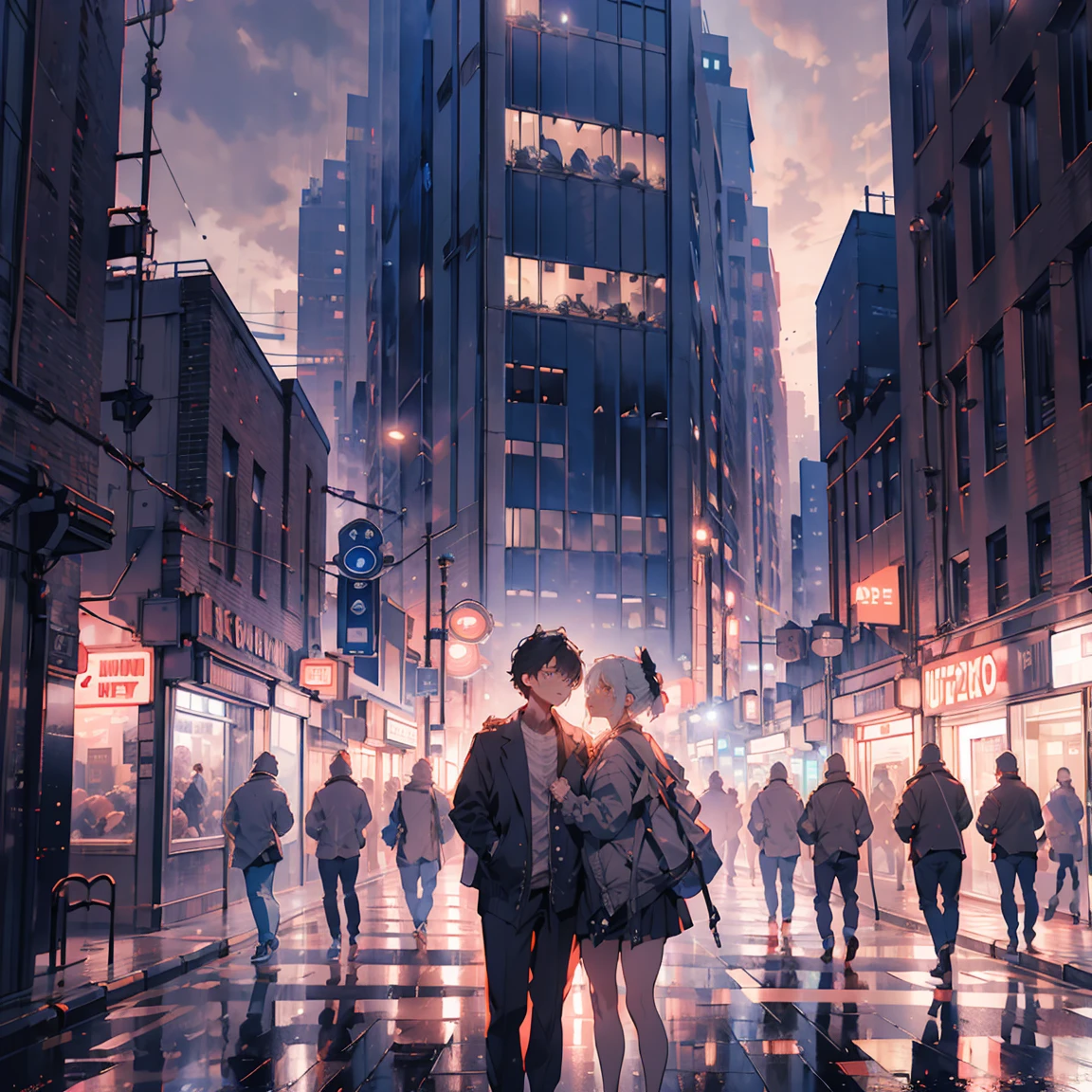 (top quality,ultra detail,realistic:1.37),humor,comic style,Bold lines ,bright colors,  Umbrellas Shining in the Background ,reduces color saturation,beautiful night view, Saturday sweetheart,girl and boy, joyful couple, Laughter, Love in the air, district, (( crossing:2.2))  bustling city area at night , ((high-rise residential buildings dark city silhouette background:2.0)) ((Accurate Perspective:2.5))