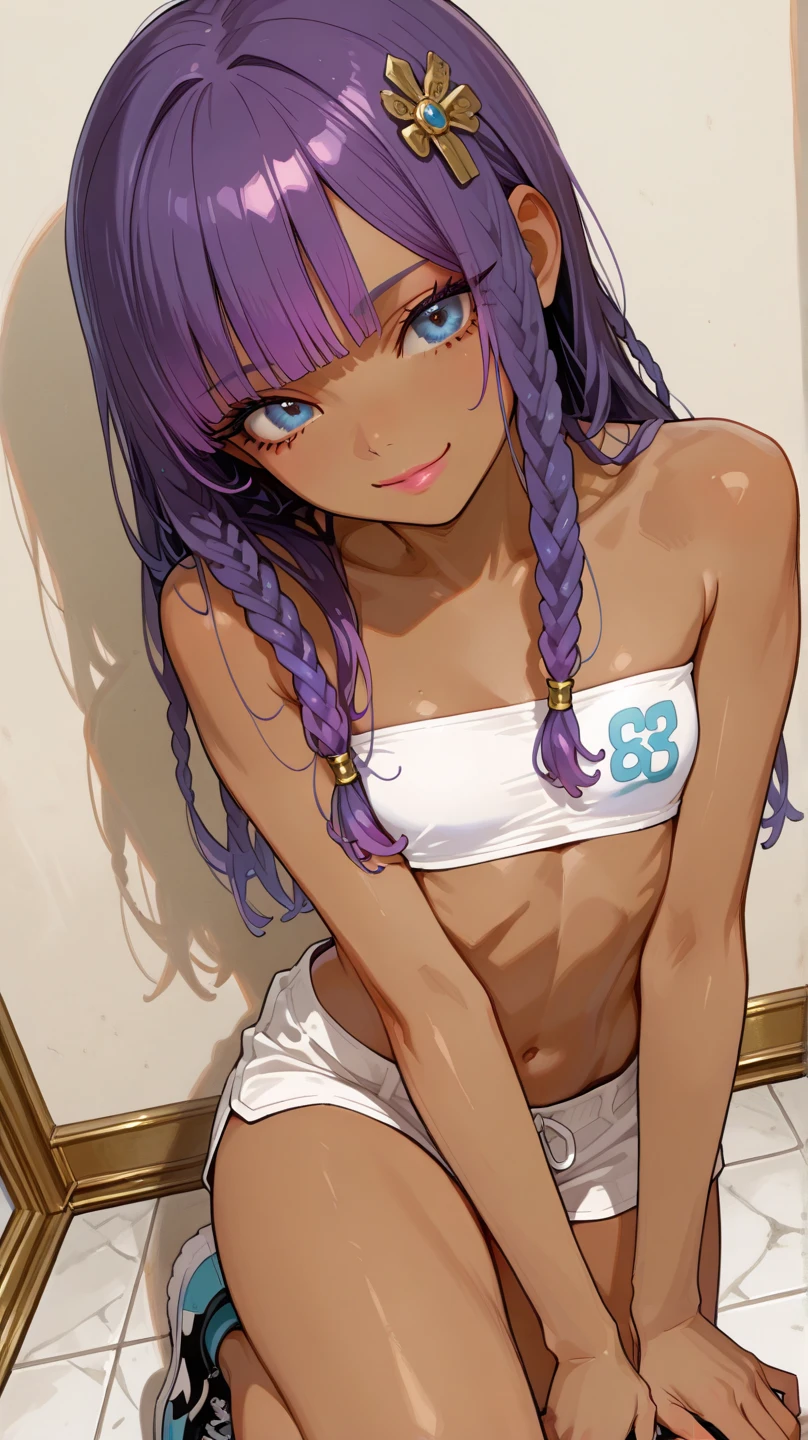 ((Cinematic light, Best quality, 8k, Masterpiece :1.3)), 1girl, Beautiful woman with thin abs :1.4, (purple hair, small breasts :1.3), rope panties, bra :1.2, hopefully falling, seductive open lips, sofa, ultra-detailed face, detailed eyes, double eyelidmasterpiece, best quality, Neeko, hair ornaments, hair flower, body paint, calango tail, trying to be sexy,(( golden micro bikini)), showing sweaty armpits, steamy, sexual teasing, ((legs spread while squatting to the viewer)),