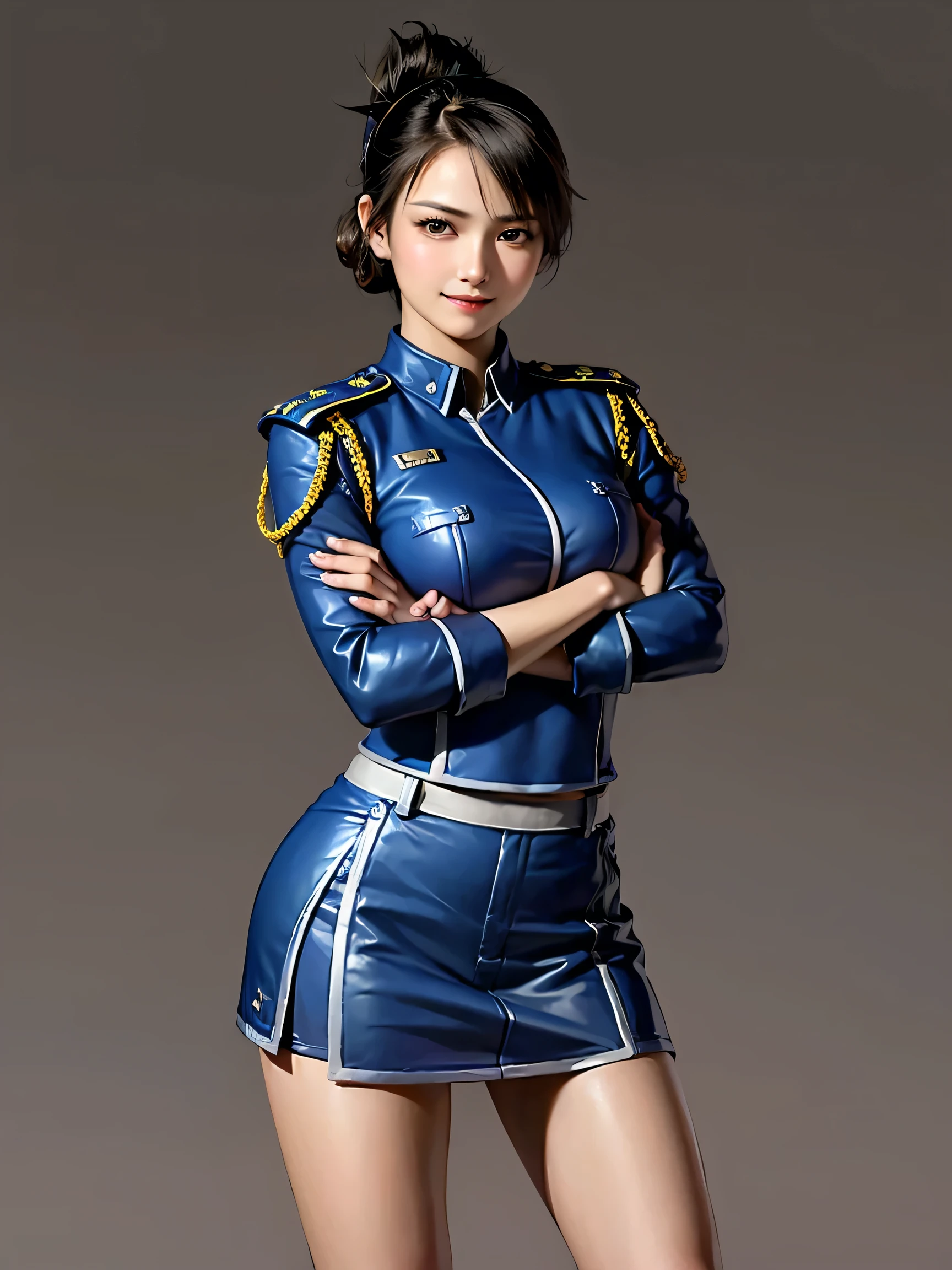 ((((A woman in a blue military uniform,military,miniskirt,simple background,Confident Expression,Fearless Smile,Arms crossed pose, standing with legs open)))),1 woman,3/4 shots,Highly Detailed Face and Skin Textures, perfect beauty : 1.4, fine grain,double eyelids, Whitening,completely complete, cute and symmetrical face, shiny skin, (ponytail:1.8, black hair),Symmetrical bangs, Split bang, long lashes, beautiful hair, beautiful face, beautiful detailed eyes, beautiful body, beautiful breasts, beautiful thighs, Beautiful Legs, beautiful fingers,Beautiful Armor,Top Quality,super high resolution