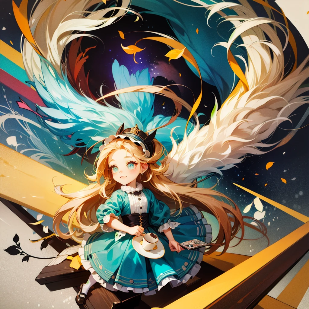((Best quality, obra-prima, absurdos,  super-resolution )), chibi, garota, Alice, vintage clothes, vestido, High Quality, Abstract world, Wonderland, sentada, drinking tea, vivid colors, detalhado.