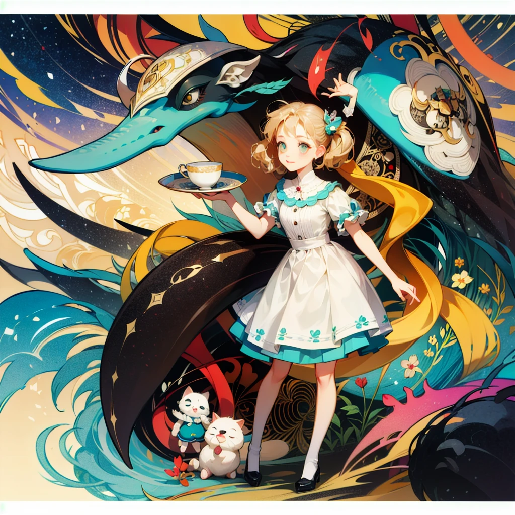 ((Best quality, obra-prima, absurdos,  super-resolution )), chibi, garota, Alice, vintage clothes, vestido, High Quality, Abstract world, Wonderland, sentada, drinking tea, vivid colors, detalhado.