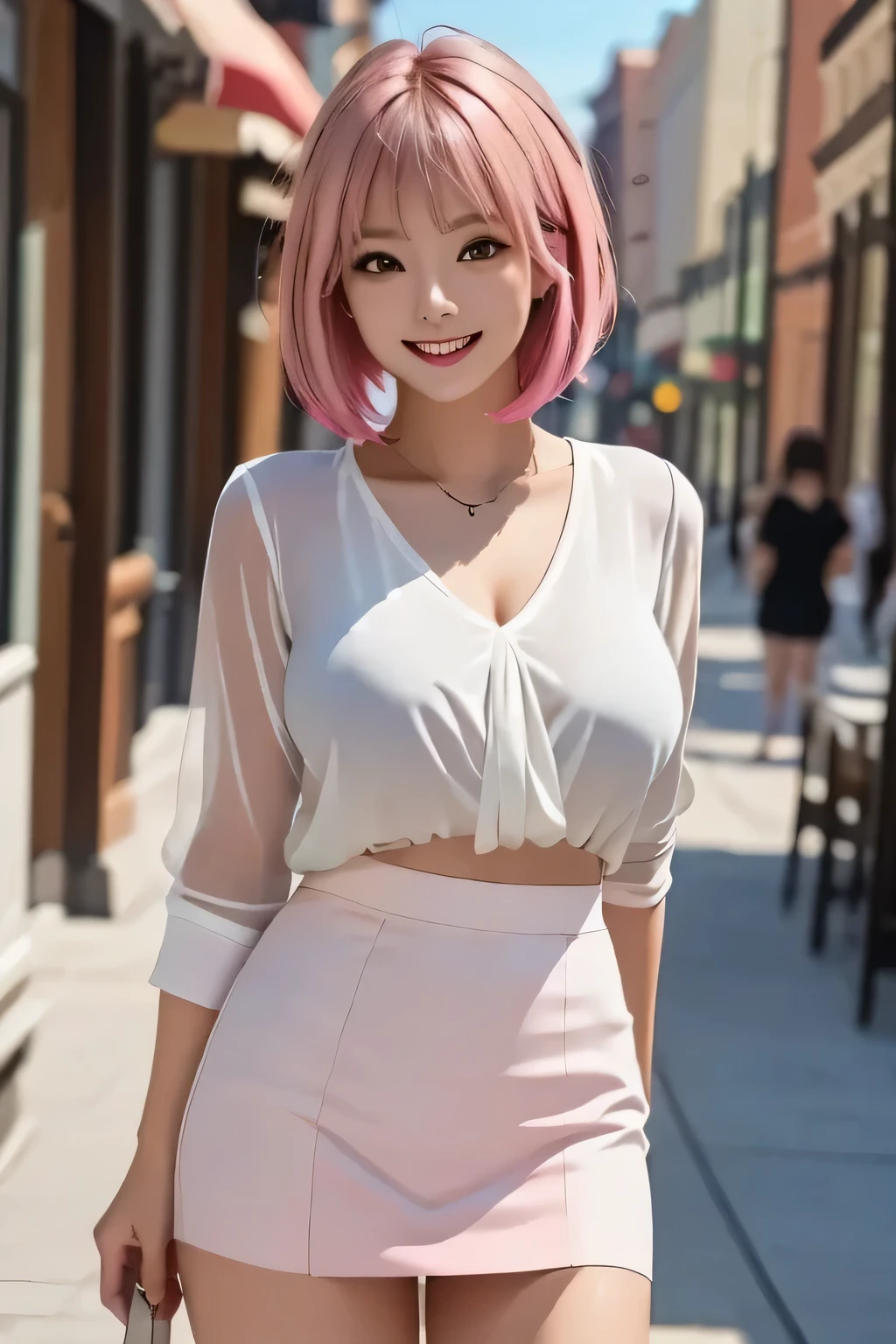 (masterpiece,Top Quality,8K Ultra HD,realistic), slut, concentrated, Popular Models,(1girl), mature, grin, (Big Breasts), white skin, smooth, white thighs, light pink sheer blouse, brown tight mini skirt , pink bob hair, beautiful face, I'm sweaty, sexy, Stand Pose, (background: Main Street )