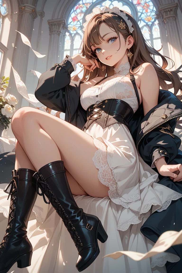 (hyperrealistic), (illustration), (high resolution), (8K), (extremely detailed), (best illustration), (beautiful detailed eyes), (best quality), (super detailed), (masterpiece), (wallpaper), (detailed face), solo, 1 girl, white wavy hair, korean, heterochromic eyes, small moles under the eyes, maid outfit, big breasts, long legs, tight abs, (camel toes), (black stockings), (no panties)