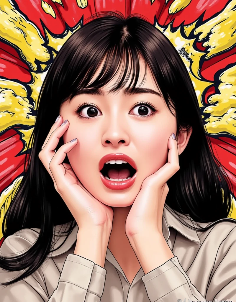 (An unparalleled masterpiece of hyper-realistic illustration down to the last detail), (masterpiece, high quality, top quality, 8k, fine line art, highly detailed, absurd). (Extreme:4.0) Shocked, (Creepy:3) Anxious (Dark Hair:5) woman's face extreme close up illustration. She is totally panicked and has a huge shocked expression at the moment (extremely open eyes, extremely open mouth, pale cheeks:3). Anxious eyes, skin and shoulders all express those bad emotions. Cartoon style red, yellow and black background expressing surprise.
