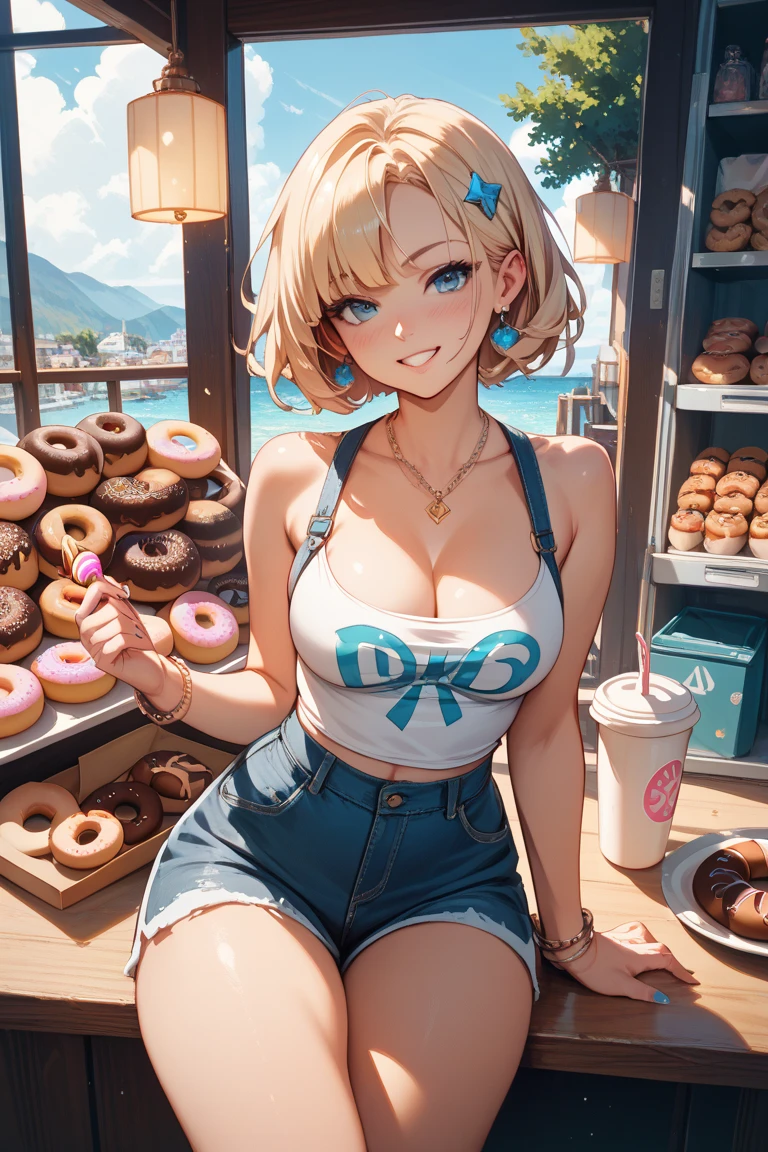 beautiful woman with blonde hair and blue eyes, pin-up style, diner, cupcakes and candy