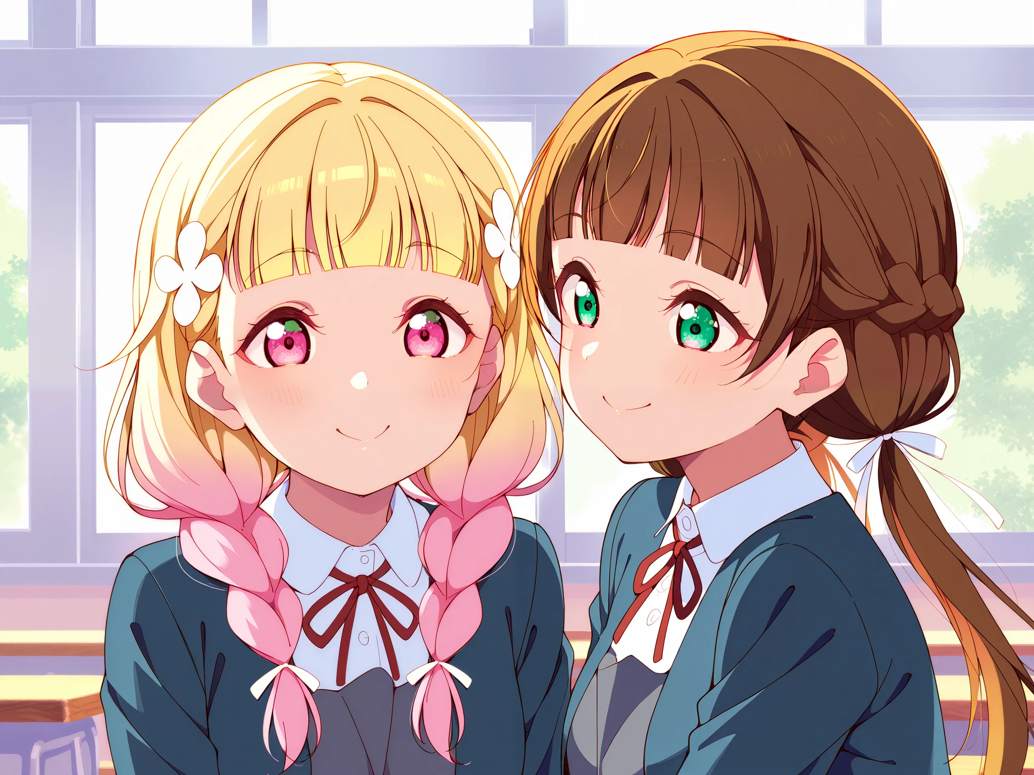 lovelive,two girls,A is long hair,brown hair,blunt bangs,low-knotted twin tails,green eyes,white ribbon. B is long hair, blonde hair, hair ornament, pink hair, braid, flower, multicolored hair, hair flower, pink eyes, twin braids, gradient hair. yuigaoka school uniform,classroom,smile