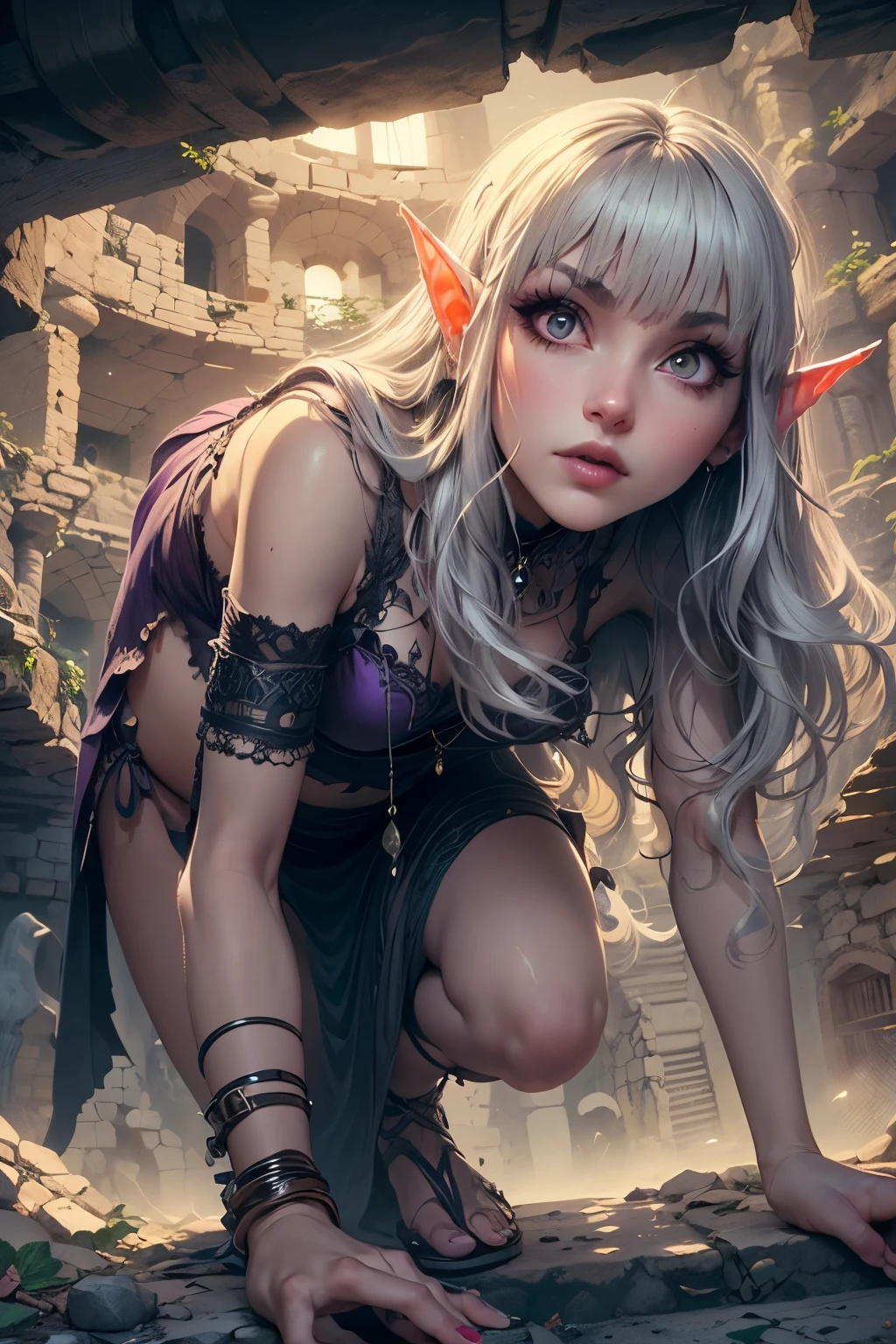 (Ultra-detailed face, Looking away, Gothic Illustration, Dark tone colors.  She has five fingers on her hands and five toes on her feet.), BREAK 
(Prehistoric ruins. Cappadocia-like ruins in Turkey. Dimly lit space. Fantastic. Mysterious. Contrasts of light and shadow.),  BREAK 
(A young female dark elf treasure hunter lowers her body and carefully tries to descend through a hole in the ceiling to the floor below. She looks around cautiously. The viewpoint depicts the woman from the underside looking up.),  BREAK 
(She has gray hair, gray eyebrows, blunt bangs, back-length wispy hair, small pink lips, lavender eyes, dark purple skin, and eyeliner.), (She wears a short, draped, belly-dancing style dress sewn from a lace fabric with a medieval Italian courtly cherry blossom motif. She wears sandals with thin green laces woven into them.)