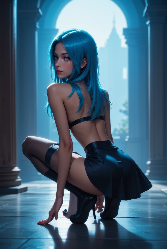 (best quality), 1girl, Female, olive skin, black hair, blue tips, blue streaked hair, medium hair, asymmetric hairstyle, swoopy hair, blue eyes, perfect eyes, smug, halterneck, pleated skirt, fishnet_legwear, slender, small bust, masterpiece, anatomically correct, highres
