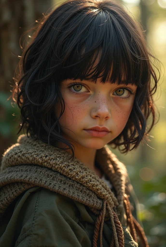 severus snape's daughter, 11year old,black hair, green eyes ,,gymnast girl with back to back with bun