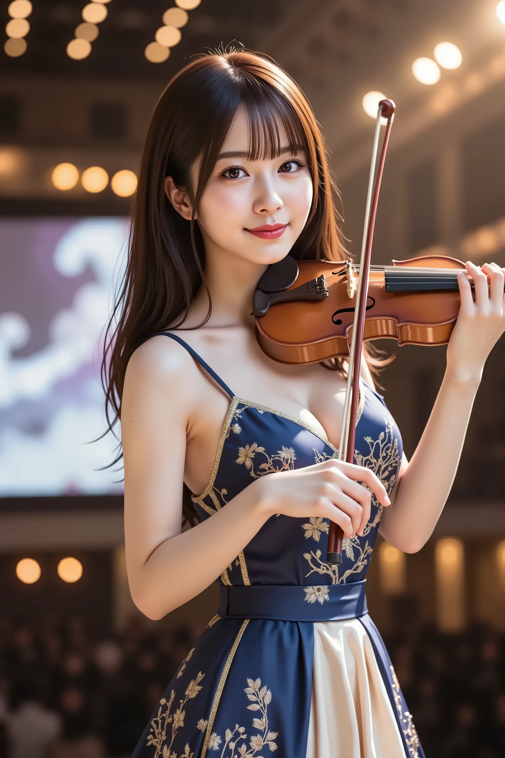 A highly detailed, ultra-realistic digital illustration of a beautiful young Asian female violinist performing on a grand, brightly lit concert stage. She is depicted from the waist up, with her long, voluminous chestnut brown hair cascading in soft curls, a few strands elegantly framing her delicate face. Her almond-shaped eyes focus intently on the violin strings, reflecting deep concentration and passion. Her soft pink lips are slightly parted, immersed in the music's emotion.
She wears an elegant, flowing gown of shimmering deep blue and silver satin, complementing the stage's grandeur. The intricately embroidered bodice sparkles under the lights. Her slender fingers glide gracefully over the violin’s fingerboard, while her other hand firmly holds the bow, drawing it smoothly across the strings with masterful precision. Her poised posture exudes confidence and heartfelt emotion, embodying the grace of a professional violinist.
The polished wooden violin gleams under the concert lights, its rich brown hue contrasting with the cool tones of her attire. The fine tuners and delicate strings catch the glow of the stage lights, adding an extra layer of realism. A small, elegant microphone is positioned nearby, capturing the nuances of her performance.
The background showcases a grand concert hall illuminated by warm, golden stage lighting casting a soft glow. Spotlights highlight the violinist and her instrument, drawing attention to the center of the performance. Rows of seats fade into darkness, faint audience silhouettes visible in the distance. A large, curved LED screen behind displays abstract visuals of flowing lights and ethereal colors, enhancing the enchanting atmosphere.
The composition is balanced, with the violinist and her instrument centrally framed, allowing appreciation of her expressive performance and the immersive concert hall ambiance. Rendered in stunning 8K resolution, the image captures every intricate detail with pristine clarity, from ind