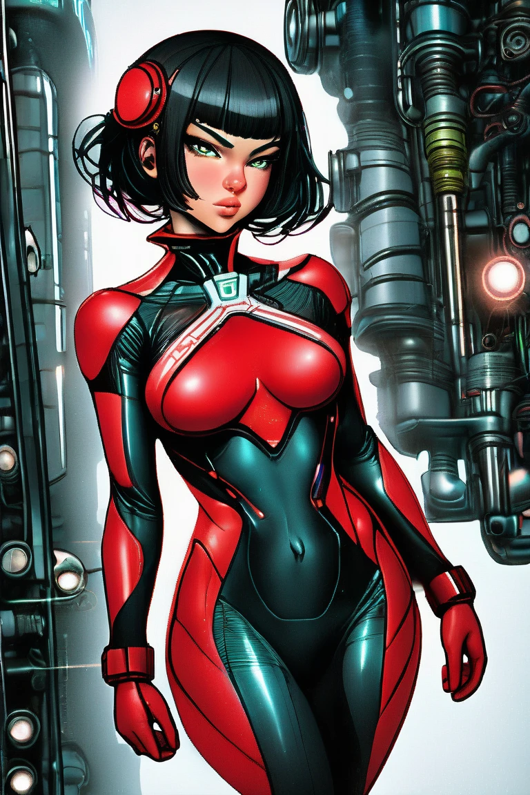 (work of art, Best quality, absurd, 4K, aesthetics, perfect eyes, perfect face, detailed, intricate, Perfect Lighting) 1 girl with fair skin, long dark hair, wears a futuristic red and black bodysuit, heroine, queen of an alien race, warrior, gentle smile, perfect body