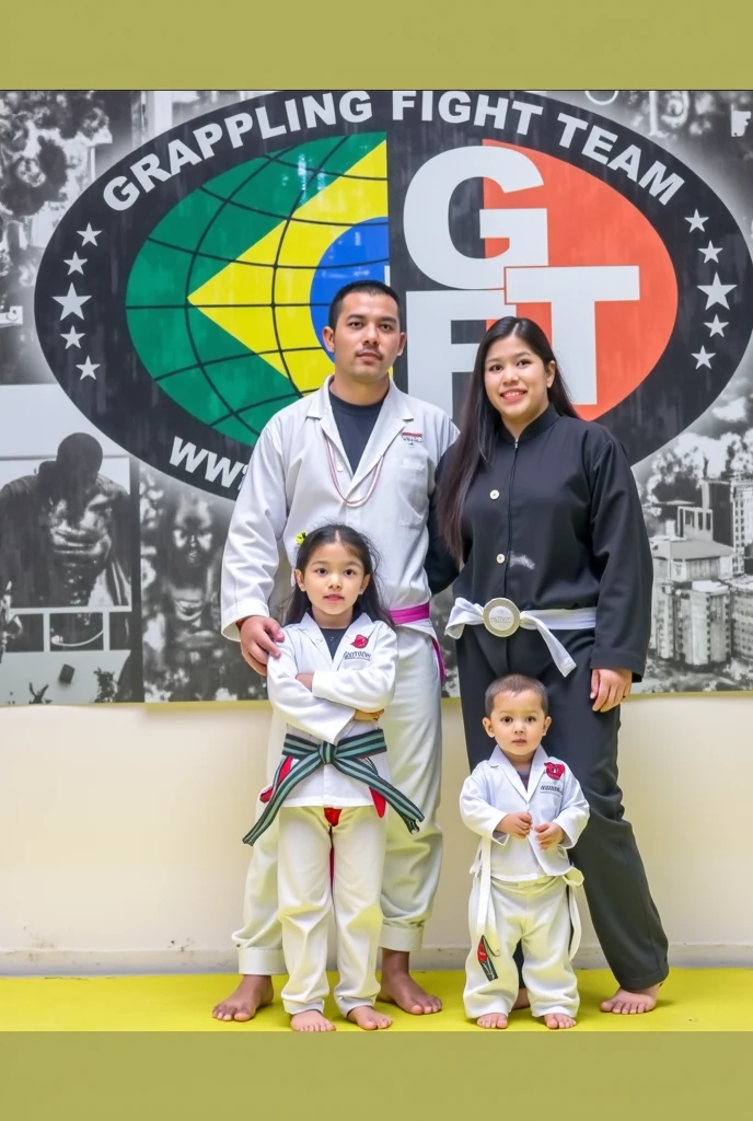 Um homem careca ,forter ,com kimono branco , em um tatame de jiu jiu-jitsu, with three small and strong students. Estilo pixar, carater animado, estilo 3D, 4K分辨率, personagem de desenho animado