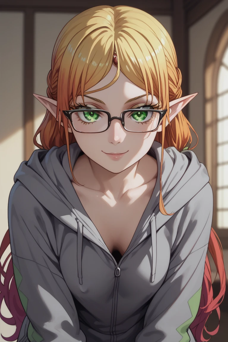((1girl)),((alone)),Sui tsundere elf,\(isekai ojisan\),(masterpiece), (best quality), (ultra detailed), (best illustration), (best shadow), (absurdities ), sharp focus, cowboy shot, atmospheric perspective, depth of field, dynamic posture, ((looking at viewer)), medium breasts, narrow waist, wide hips, wide thighs, round butt, erotic, romantic, (highly detailed eyes , lips 1.1), highly detailed eyes, eyes, Highly detailed face, Very beautiful face, Symmetrical face, Aesthetic face, perfect face, perfect eyes, detailed eyelashes: 1.5), full height, beautiful slim figure, femininity, expressive appearance, breasts elastic mediums, sexuality, parted lips, long hair, blonde hair, (green eyes: 1.5), pointed ears, elf, multicolored hair, ((glasses with black frames: 1.2)), braid, ((french braid: 1.3)) , ((neckline:1.3)), hoodie, hoodie, ((hoodie gray:1.4)),((hood down:1.2)), ((clavicle)), bare legs:1.3, green panties:1.3,curves, defined body,Perfect and beautiful body, perfect and beautiful, closed mouth, mocking smile , embarrassed expression,(sexy pose: 1.2), ((solo)), standing: 1.3,((interior, apartment, room, bedroom, bed, table, computer, window, night, cityscape, buildings, city lights )), Looking forward,((focus on hips:1.4)), point of view:(from below), perfect anatomy, perfect hands