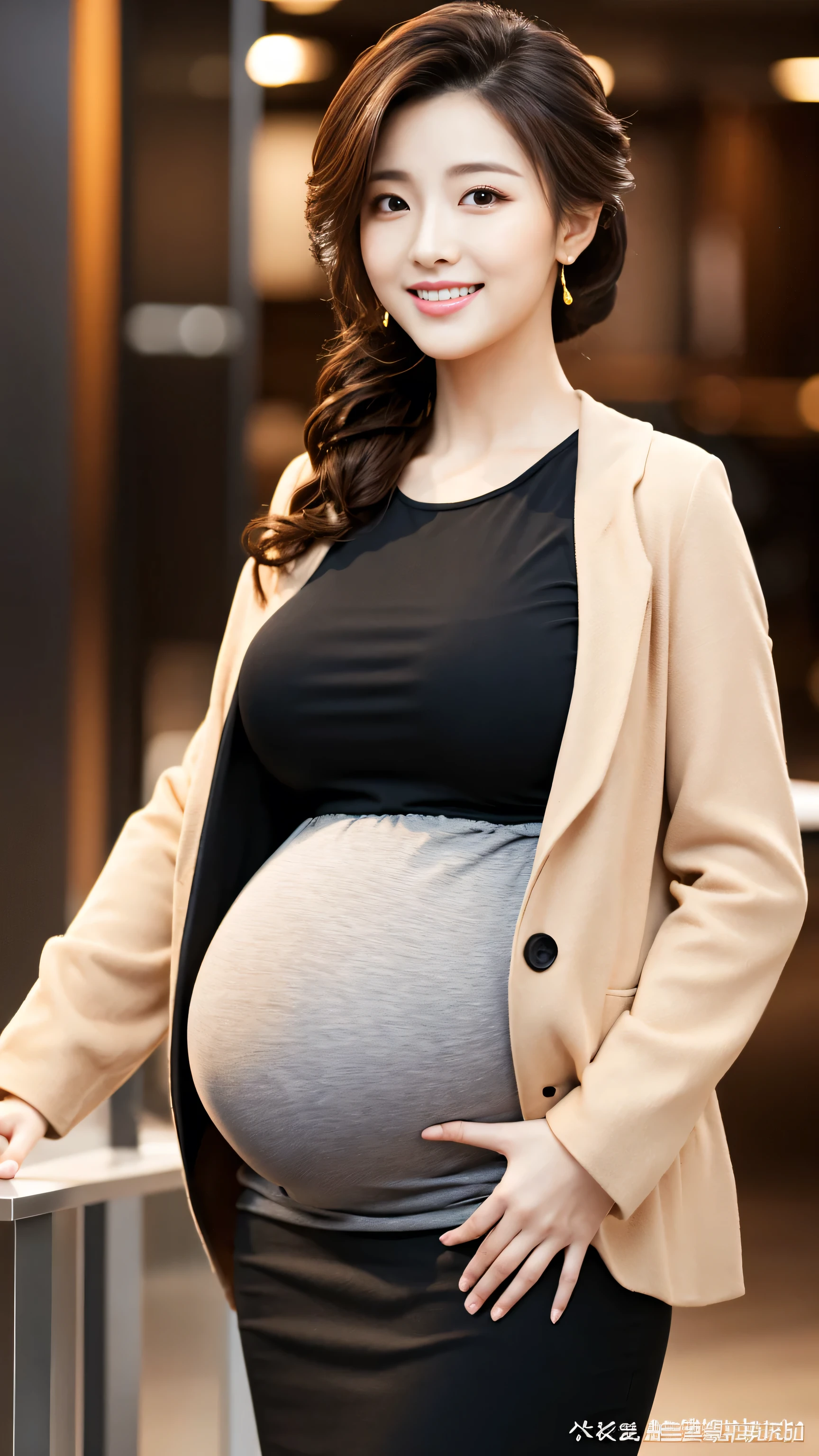 Beautiful Bollywood supermodel woman with a , black hair, bangs, twintail, widest waist, fitting breasts, (huge pregnant), curvy accentuated booty, sparkling olive-green eyes, long eyelashes, thick thighs, Strong calves, smirk, taniaayusiregar, She wears a black wool cardigan, yellow shirt, white jeans, brown belt, black beanie, she waits in a park, photorealistic, Masterpiece, bokeh, Volumetric lighting, Fall season atmosphere, uhd, masterpiece, highest quality