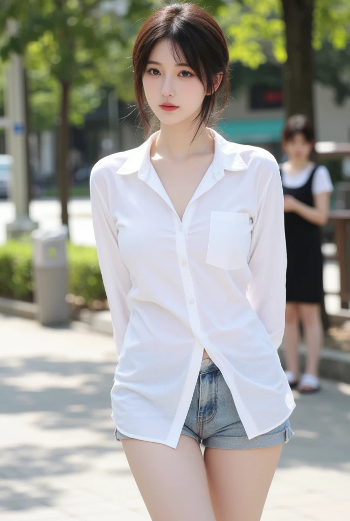 1 very beautiful female high school student，Wear a white button-down shirt and low-rise jeans（detailed outfits:1.5），Play with the ball on the grass of the football field，（On the grass:1.02），Super high value，perfect body figure，Beautiful short ponytail，Delicate hair，Fair face and skin，Beads of sweat on the forehead，Have fun on the playground，（（（The chest is huge））），Breasts are full and straight:1.5，（The clothes on the chest are high and bulging, Tightness and bulging:1.5），Delicate fair and soft toes，White and delicate fingers，（Delicate sneakers:1.5），Focus on the chest，fully body photo