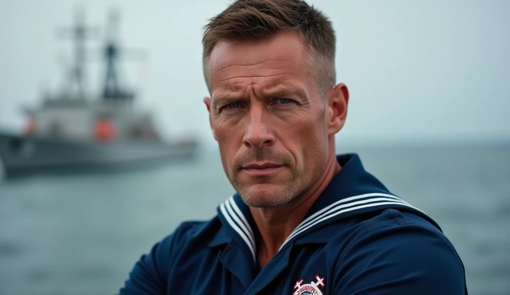 Two middle-aged men in underwear were kissing.,A manly man, wearing a Naval officer uniform, posing confidently on a ship, surrounded by the vast ocean. The composition is shot by the renowned photographer Bruce Weber. The man has a slight smirk on his face, exuding self-assurance and authority. The uniform signifies his affiliation with the US Navy, emphasizing power and discipline. In the background, the open ocean stretches out as far as the eye can see, creating a sense of adventure and . The image is of the highest quality, with a resolution of 4k or 8k, capturing every detail with precision. The lighting is carefully set to highlight the man's features and enhance the overall atmosphere. The color palette is rich and vibrant, bringing life to the scene. The prompt aims to evoke the essence of a naval officer, combining strength, determination, and a hint of mystery.