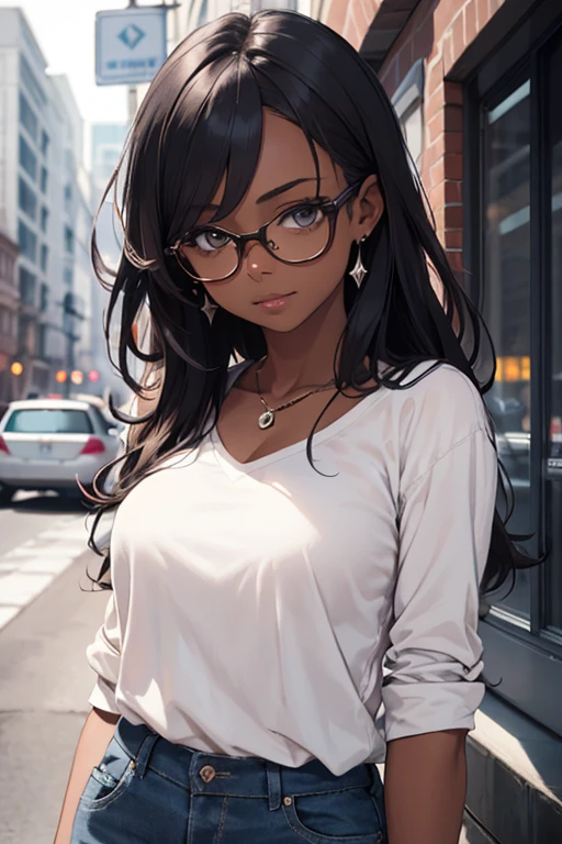 girl with dark skin, black hair, brown eyes, glasses, black and white outfit, standing next to japanese school, detailed face, detailed eyes, detailed clothing, realistic, photorealistic, 8k, highres, masterpiece, ultra-detailed, physically-based rendering, vivid colors, studio lighting, sharp focus