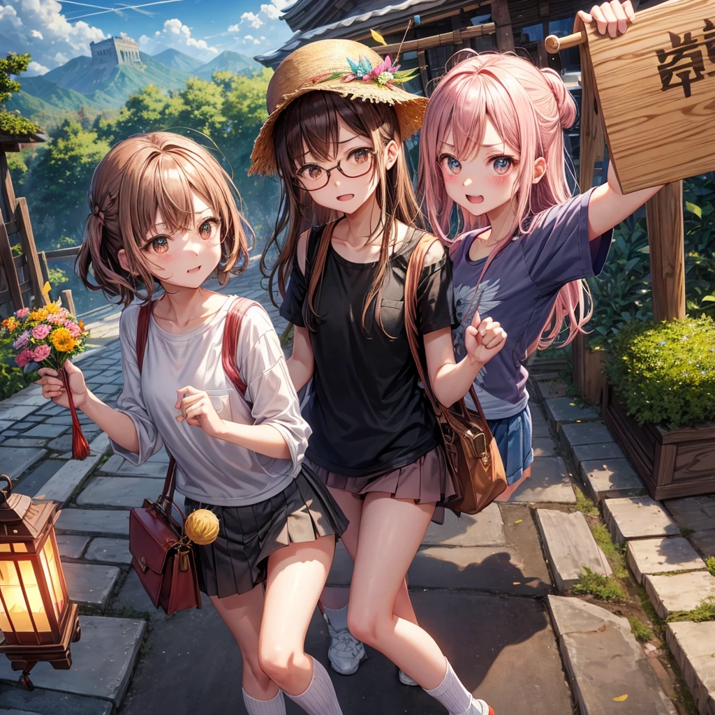 3 middle school girls in a forest taking photos in underwear, small breasts, they seem nervous