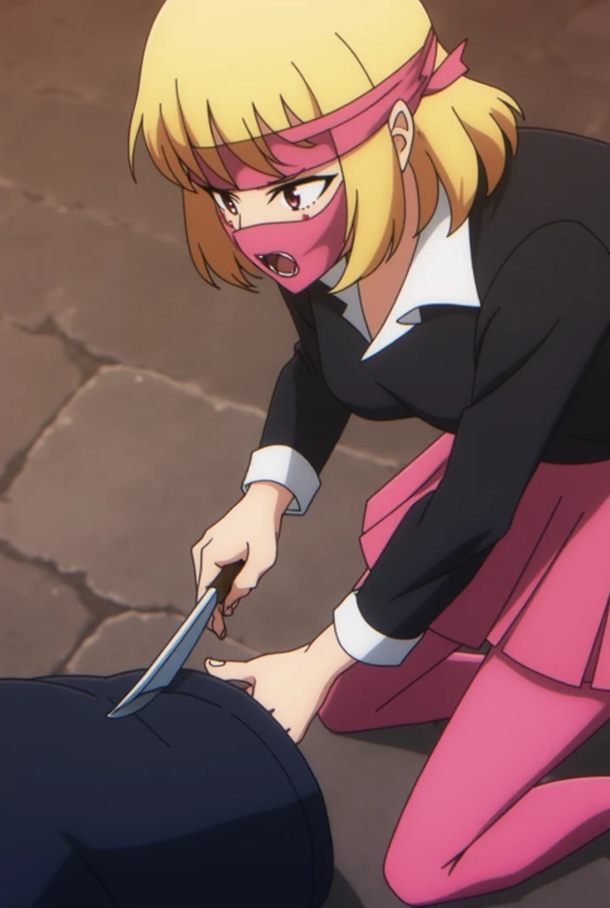 1 girl, blonde hair, medium hair, wavy hair, , improvised gag, tape gag, gagged, duct tape, tape bondage, arms behind back, bound arms, large breast, , blazer, tie, classroom, cowboy shot, looking at viewer, hair clip,