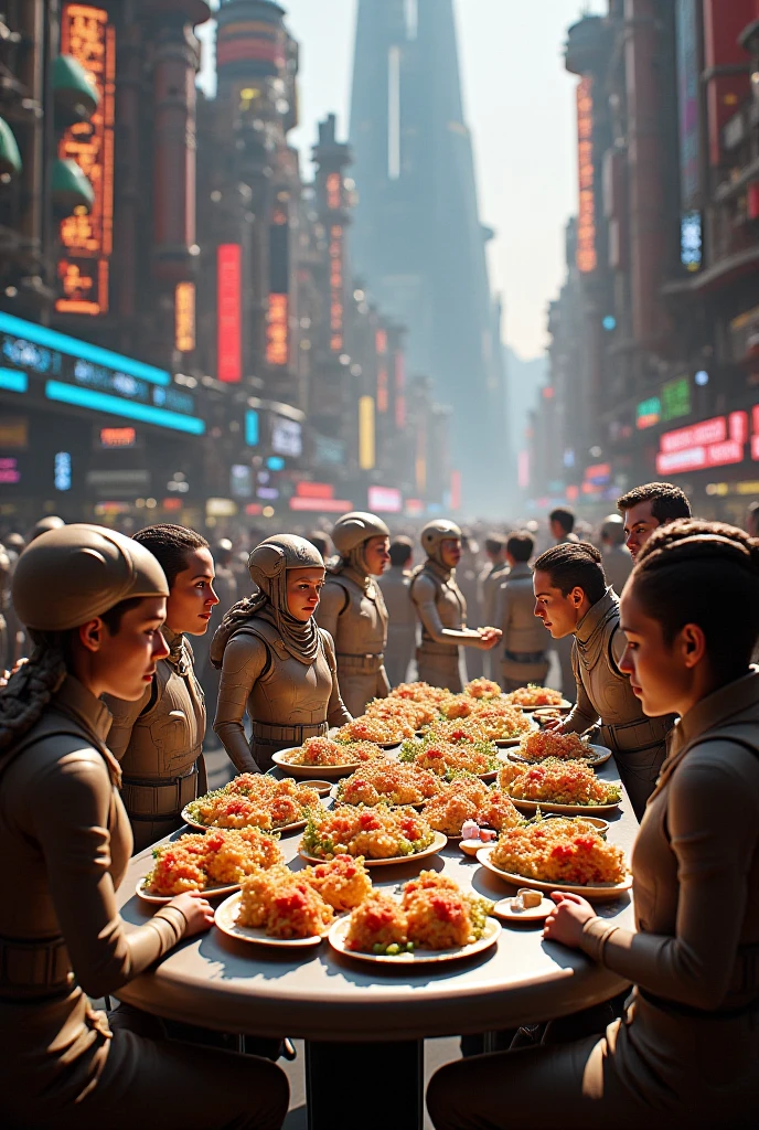 a group of lovely females (varied height and weight tending towards busty and full hips but athletic overall tone, varied races between Asian, Desi, Hindi, and Caucasian ) wearing scifi metallic swimsuits, extremely detailed and realistic,many women, beautiful detailed eyes, beautiful detailed lips, extremely detailed face, long eyelashes, detailed female body, sultry dance, metallic shiny swimsuit, tending to alien patrons in a star wars cantina (all manner of aliens are seated at tables eating bizarre foods and exotic drinks) , high quality, photorealistic, 8k, vivid colors, professional lighting, digital painting
