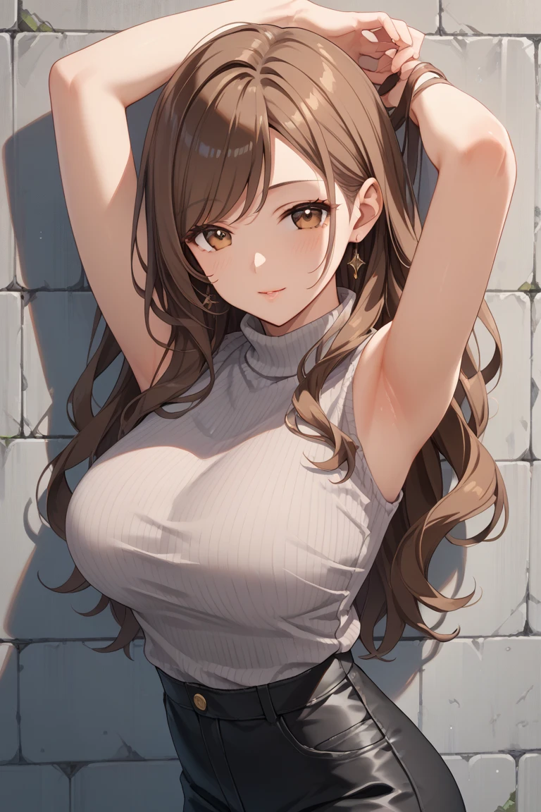 masterpiece, highest quality, Extremely detaileded CG Unity 8K wallpapers, Super realistic 8kCG, perfect work of art, perfect woman image, dramatic shadow, (Spotlight, perfect thing, detailed光, (((1 girl))), ((sharp face)), ((brown hair, wavy hair)), (((sexy pose))), model body shape, I can see your belly button, full, big breasts, ((cute face)), (smile gently: 1.2), (asymmetrical bangs, beautiful eyelashes), beautiful face, (beautiful chest line:1.2), (Split), beautiful girl, Exquisite facial features express the perfect face shape, cold, naturally beautiful, sweating, Because I&#39;m slender, Light and beautiful thigh expression, high school, high school, sailor suit, pleated skirt, loose socks, In front of a wall full of graffiti, night, (((leaning against the wall, Are standing))), winning photo, detailed, true light and shadow, 8K resolution, professional lighting, (glowing skin:0.9), perfect hands,