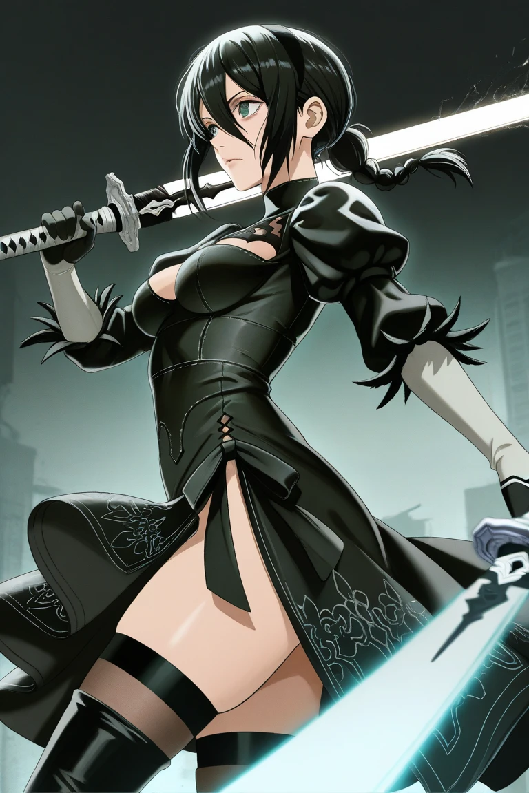 
Illustrator, anime , Realistic ,sketch , 1 person, model, lip, A translucent gothic black mini dress with lots of lace, blindfold, eye covered, black blindfold, order, Blue gradient background, Neon Color Hair, Big Breasts,Upper Body, Sexy look, Sexy pose, Holding a long sword, Texture Trim, Russia, (masterpiece,Highest quality)