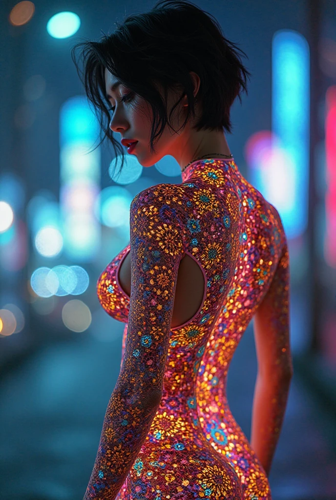 masterpiece, Highest quality), 8k,(((Very detailed))), Race:1.8,Super intricate Race pattern, colorful Race pattern, Stained glass transparent body, Cool-style light, Mandala,light up,cold, 1 female,Open Back, 18 years old、Japanese, Photo of Lee Jae, tumbler, sultry body with セクシー belly, Sexy girl, Young sensual elegance, Sexy body, Sexy look, Very Short Hair、Photographed with the cityscape night view in the background、 Intelligent face、Narrow waist、Large Breasts、drool coming out of the mouth、Smile a little、EOS 50ｍｍ F2, Blur the background、Ass、Lighting the face、whole body、Raise your hand、Thighs、