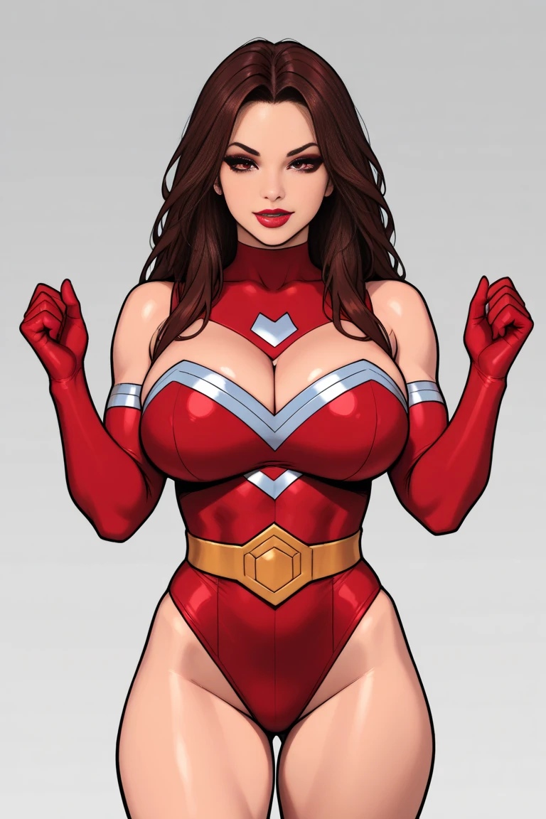 Thin woman, age 25, 4K (High definition), mysterious smile, seducing gaze, eyes browns, wearing a tiara and a royal dress (dark red and gold edges) with a boat neckline and long sleeves, choker on the neck, brown belt, Caucasian skin, long curly red hair, standing (upper body), full of curves with freckles across her chest and neck, big natural round breasts. Marvel style high quality, white background.